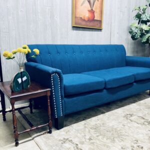 (SOLD) Modern Blue Sofa with Studded Arm Rests
