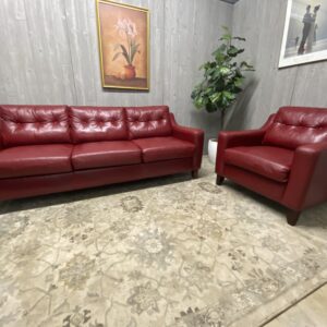 (SOLD) Red Leather Sofa & Chair