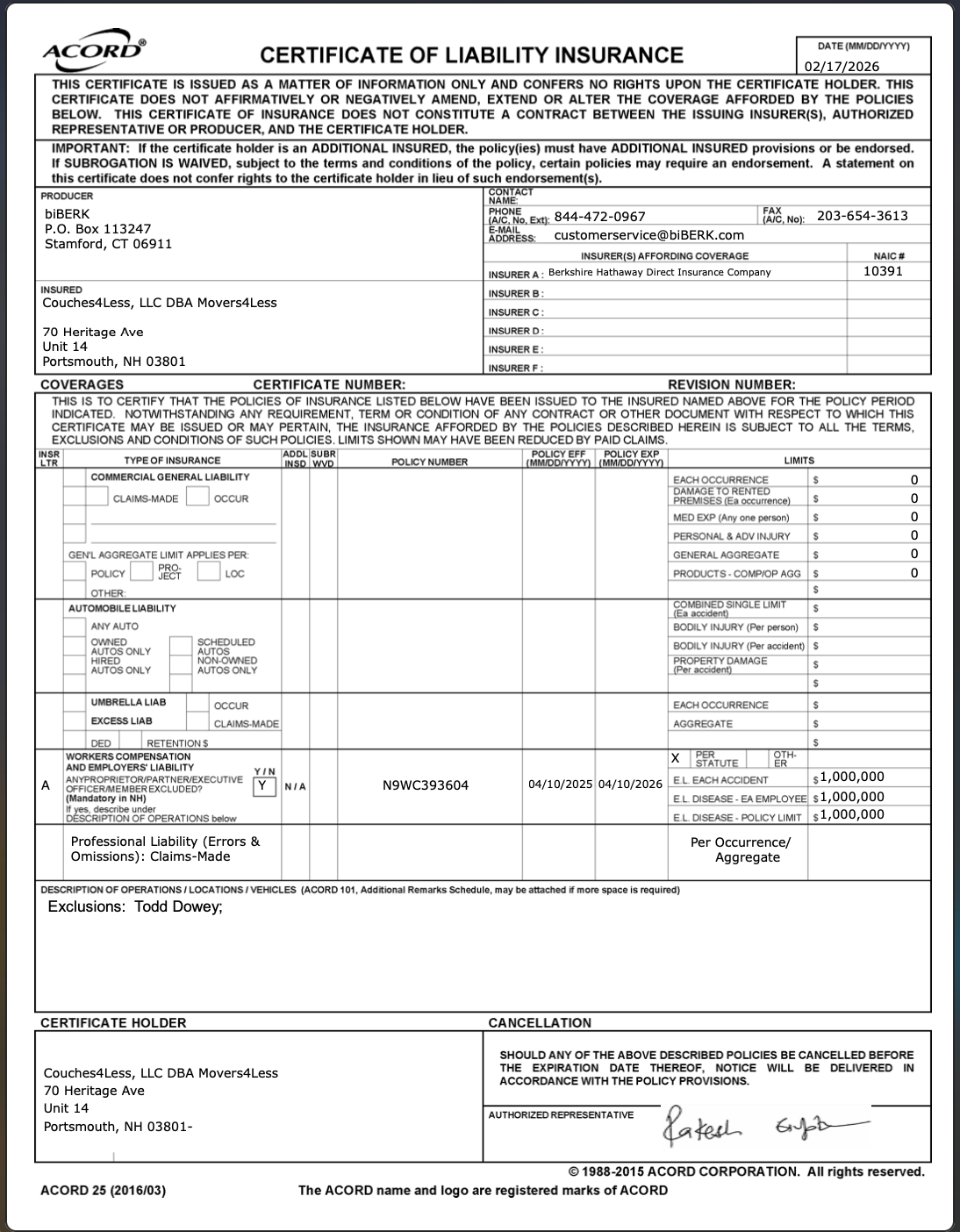 worker's comp 2026 ceritficate of insurance